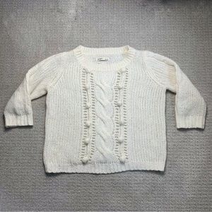 Old Navy White Wool Blend Pompom Knit Sweater Women Medium 3/4 Sleeves